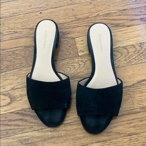 Black suede open toe slides